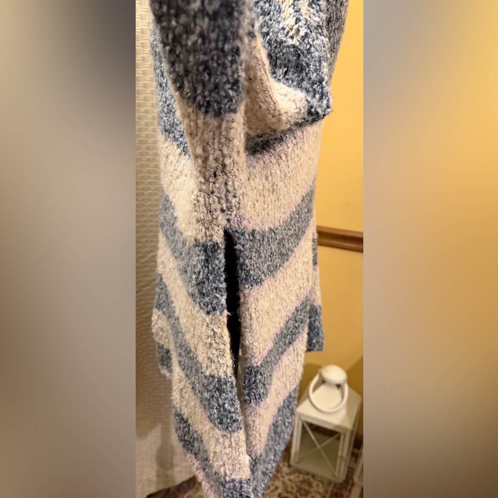 Free People BRB Blue Tan Oversized Side Slit Striped Tunic Sweater - Picture 4 of 8